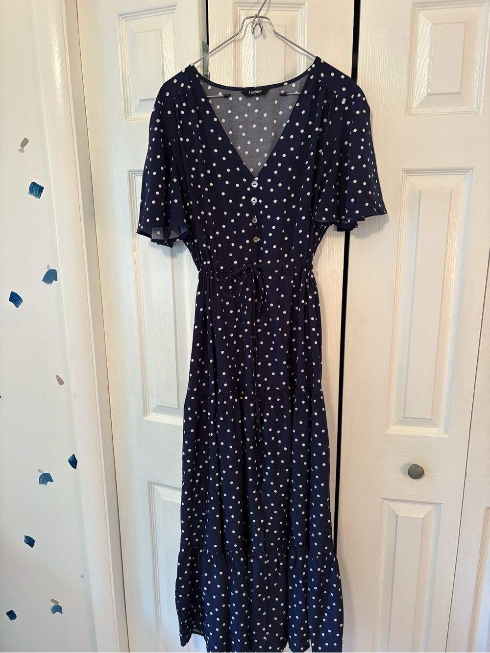 Navy Polka Dot Maxi Dress with Tie Waist